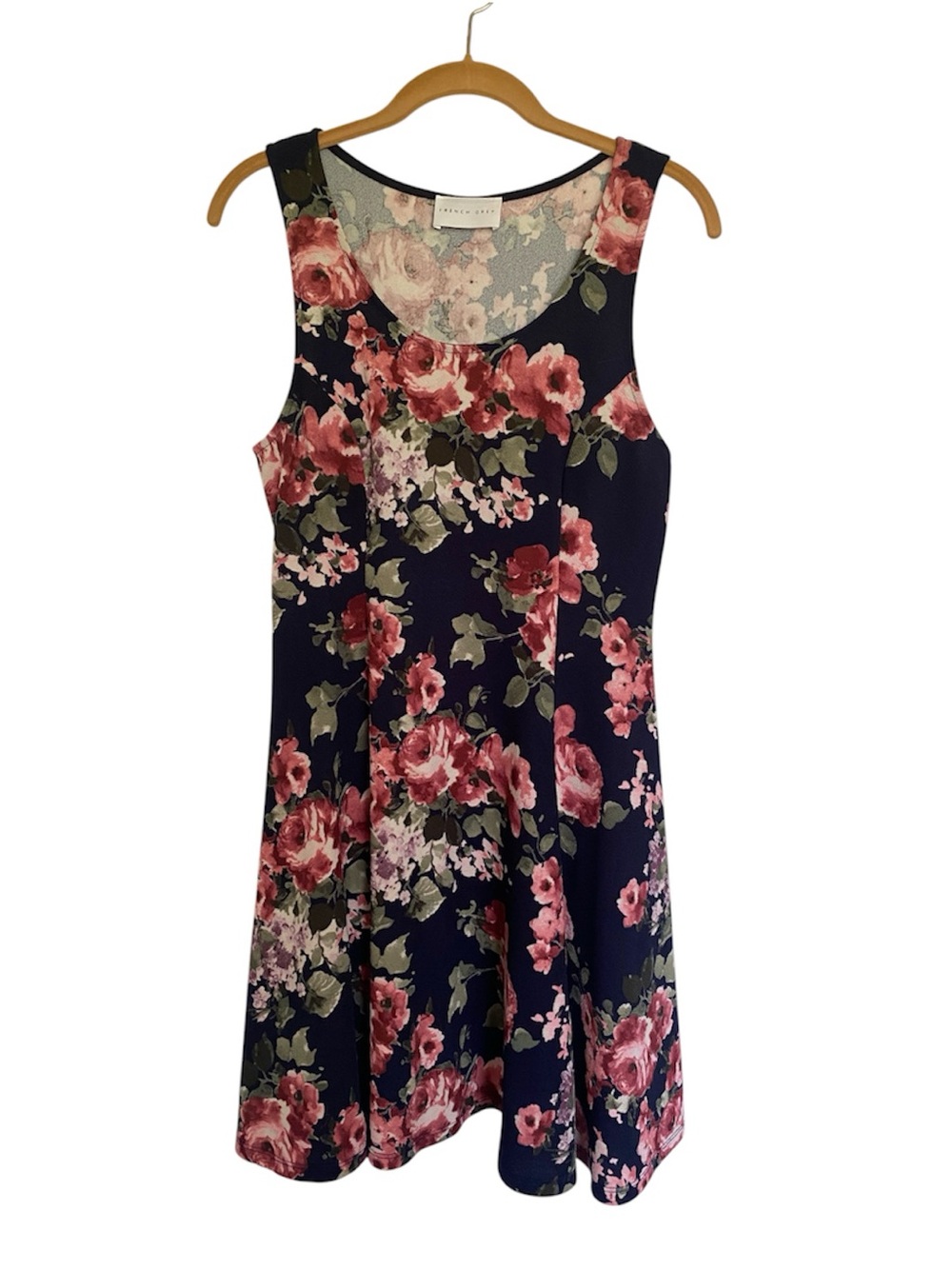 French Grey Navy Blue Pink Floral Sleeveless Skater Dress Large DR7900STA